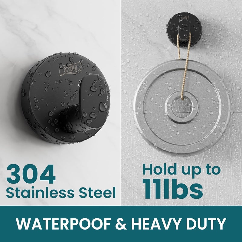 Taili 304 Stainless Steel Bathroom Suction Hooks for Towel, Bathrobe, Loofah, No Damage Hanging Glass Shower Wall Hook, Patented Strong Suction Cup Holder, Hold Up to 11 Lbs, 2 Pack, Black - Image 3